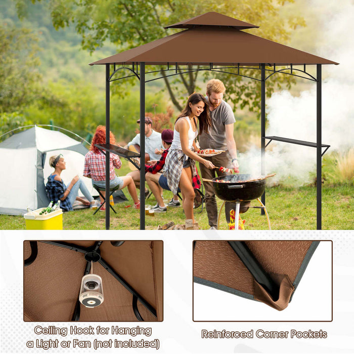 Costway 8’ X 5’ Grill Gazebo Avec 2 Etageres 7 Crochets Cadre En Metal Soft Top Brun