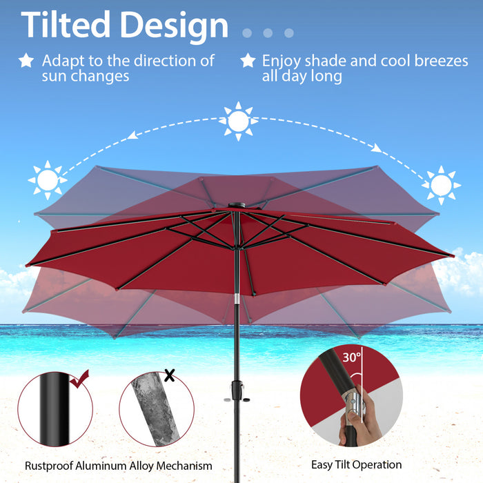 Costway Parasol de table de patio 10 FT avec 112 LED solaire, inclinaison avec manivelle, exterieur couleur vin