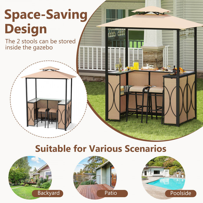 Costway 6.5 X 4 X 8 Ft Grill Gazebo Ensemble Avec 2 Tabourets De Bar, Table De Bar En Verre Trempe Brun