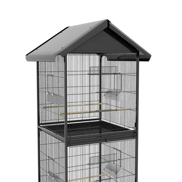 Pawhut Cage A Oiseaux En Metal Forge Avec Support Roulant, Conteneurs Alimentaires Portes Roues 67\" H, Noir