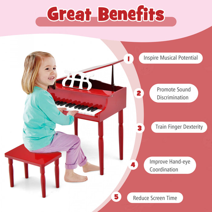 Costway Piano a Queue Classique Bebe 30 Touches, Jouet en Bois pour Bout de Chou avec Banc et Porte-Partition - Rouge