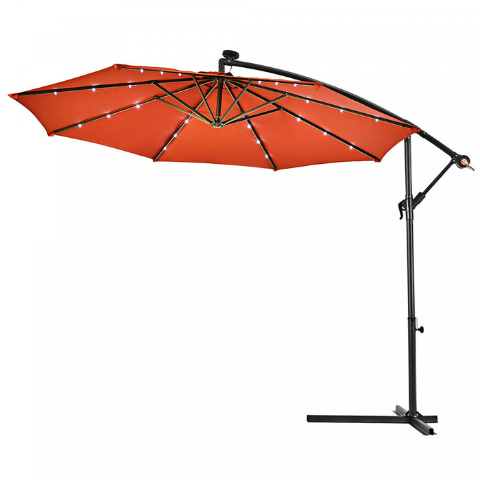 Costway Parasol suspendu solaire LED 10' pour patio, ombre solaire decalee avec base Marche Orange