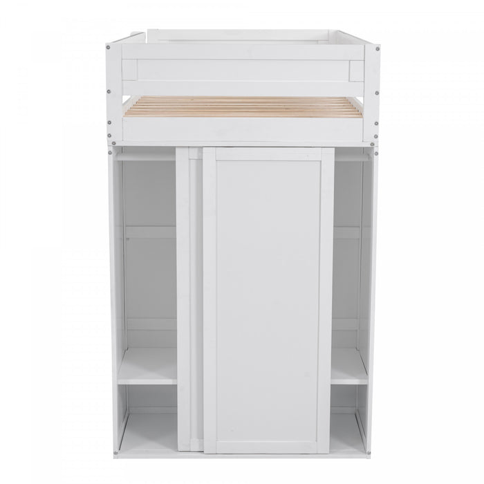 Lit Mezzanine En Bois Massif Jeffrey Avec Armoire, Bureau Et Tiroirs, Blanc