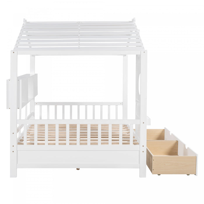 Lit Maison Jeames en Bois avec 2 Tiroirs de Rangement et Etagere, Taille Full - Blanc