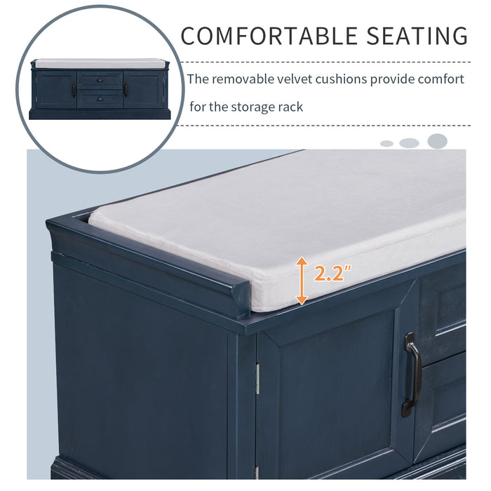 Banc De Rangement Boyce En Bois Massif Avec Meuble A Chaussures 4 Portes Et Coussin, Bleu Marine Antique