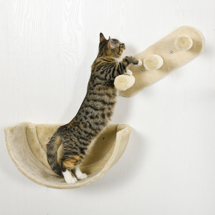 Pawhut Grimpeur Mural Pour Chat Avec Hamac, Griffoir, 3 Marches, Plateformes De Saut, Etagere Murale Pour Chat Pour Se Detendre, Dormir, Grimper, Mobilier Mural Pour Chat D'interieur - Beige