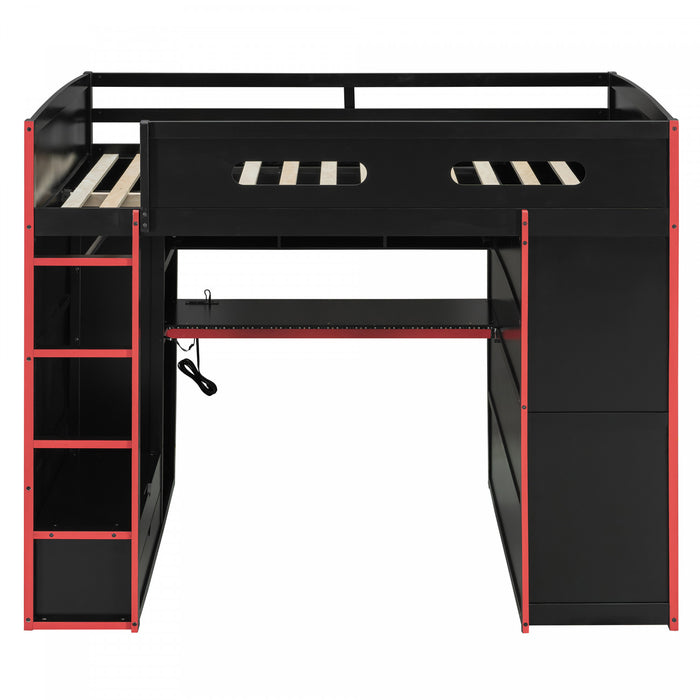 Jerry Lit mezzanine en bois avec bureau et rangement, Taille Double, Rouge