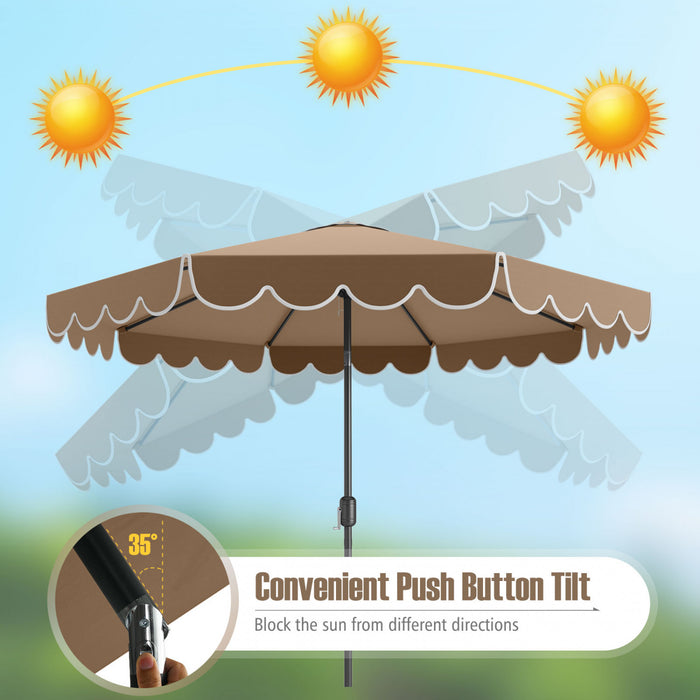 Parasol de patio Costway 10 FT avec reglage d'inclinaison a manivelle, bordures, haut ventile, 8 baleines, marron