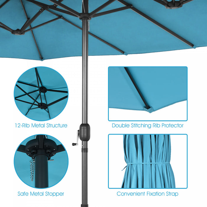 Parasol de patio jumeau double face Costway de 15 pieds, ombrage exterieur, manivelle et marche turquoise