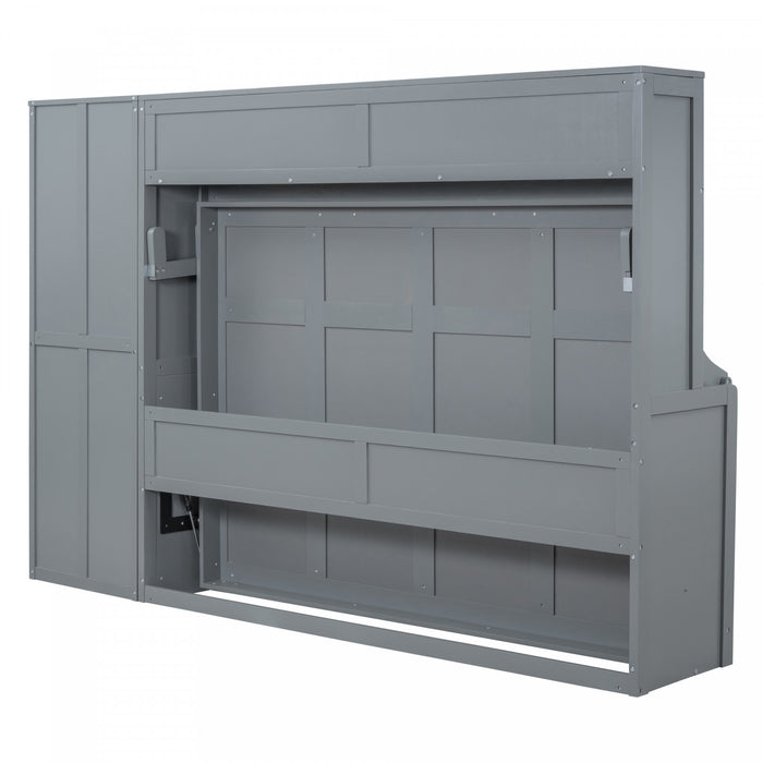 Lit Mural Escamotable Dennis En Bois Composite, Taille Double, Avec Etageres Et Tiroirs, Gris