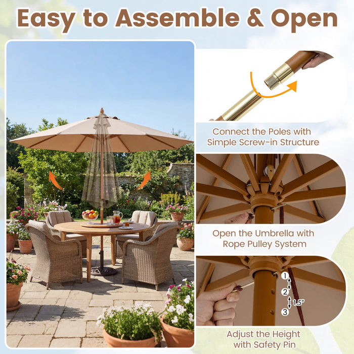 Costway Parasol de patio 9 FT avec hauteur reglable, levage par poulie a corde, dessus ventile pour plage Kaki Tan