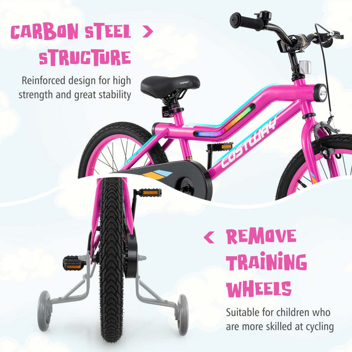 Costway 18\" Led Eclaire Velo Pour Enfants Avec Siege Reglable Coaster Frein Roues D'entrainement Rose