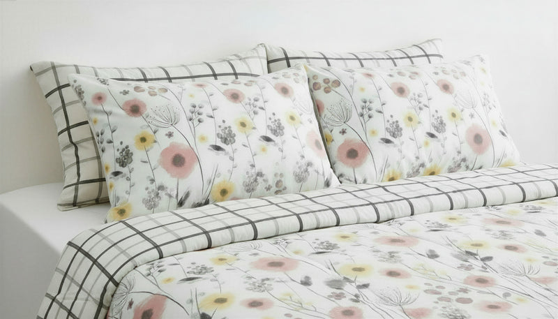 Ensemble Douillette Simple Mirabelle - Literie Reversible a Fleurs Aquarelle Rose et Gris 