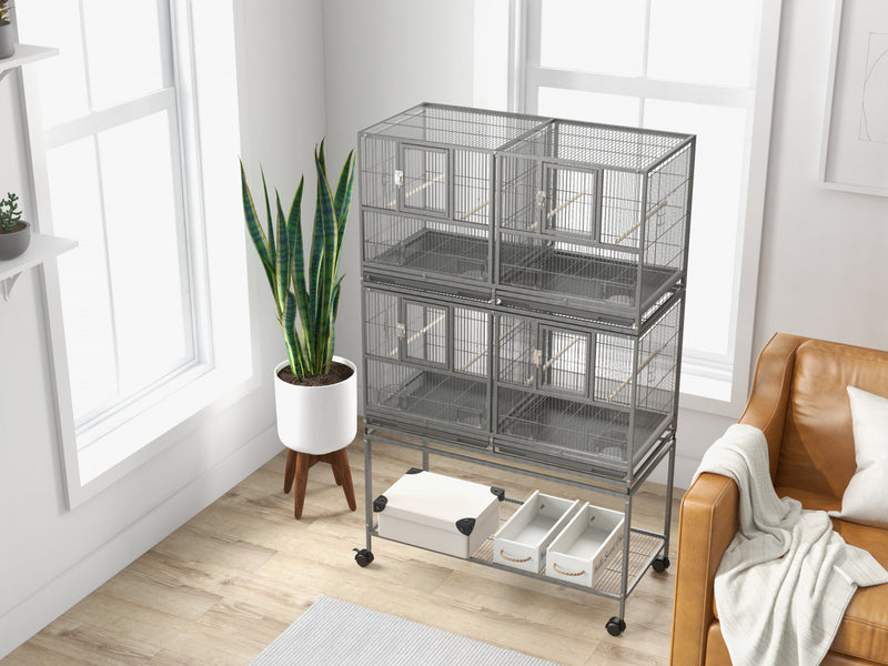 Pawhut Grande Cage A Oiseaux En Metal A Double Roulement Avec Plateau En Metal Amovible, Etagere De Rangement, Perchoir En Bois, Recipient Alimentaire, Gris
