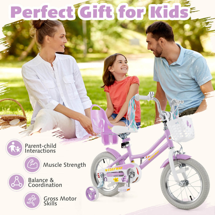 Costway 14 Pouces Enfants Velo Avec Roues D'entrainement Poupee Siege Panier Streamers Frein A Main Violet