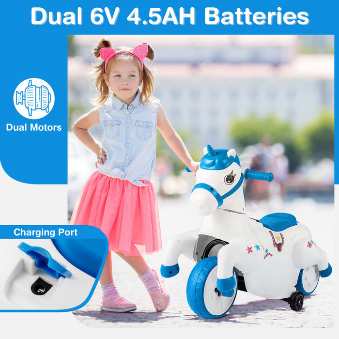 Costway 12v Enfants Monter Sur Jouet Unicorne Avec Roues D'entrainement Musique Un Bouton Demarrer Cheval Jouet Bleu