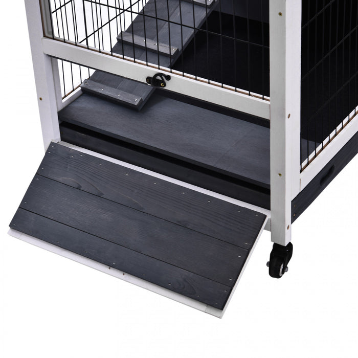 Pawhut Clapier D'interieur En Bois Pour Lapin Avec Cage Surelevee Avec Enclos Ferme Avec Roues, Ideal Pour Lapins Et Cochons D'inde, Blanc
