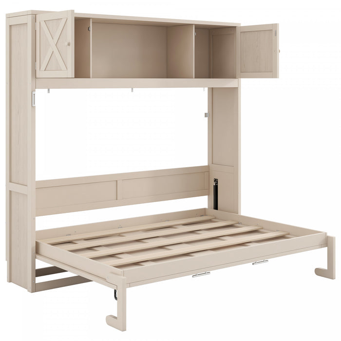 Lit escamotable Ethan en bois massif avec armoires de rangement, taille queen, beige