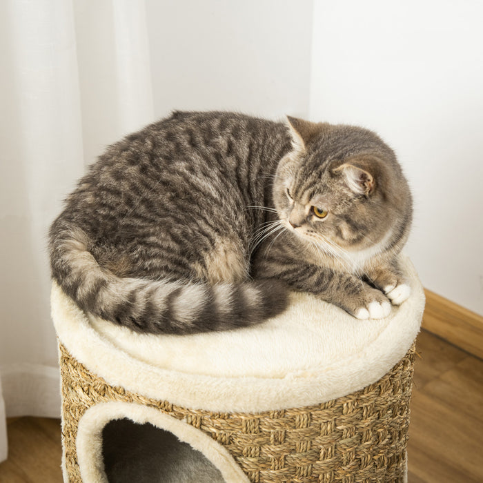 Pawhut Tour A Chat 3 Etages A Trois Trous Avec Surface De Couverture A Gratter En Sisal Et Algues, Tour A Chat Pour Chats D'interieur, 15 \"x 28\", Kaki Et Marron
