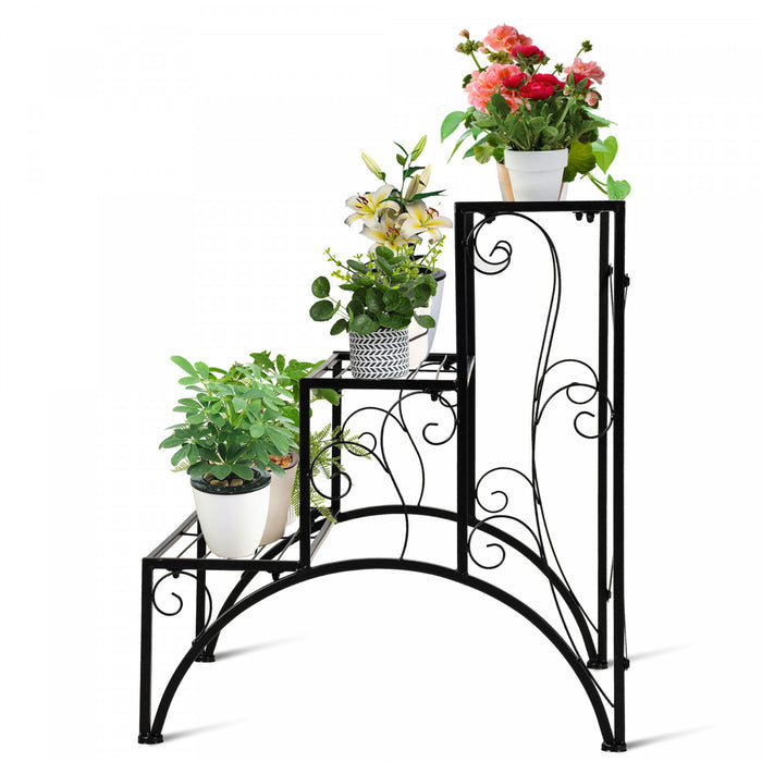 Support Pour Plantes En Metal 3 Niveaux, Support Pour Pots De Fleurs Avec 3 Etageres Ouvertes, Pieds Antiderapants Et Structure Metallique Robuste, Support Decoratif Pour Plantes Pour Jardin, Balcon, Terrasse, Montage Facile