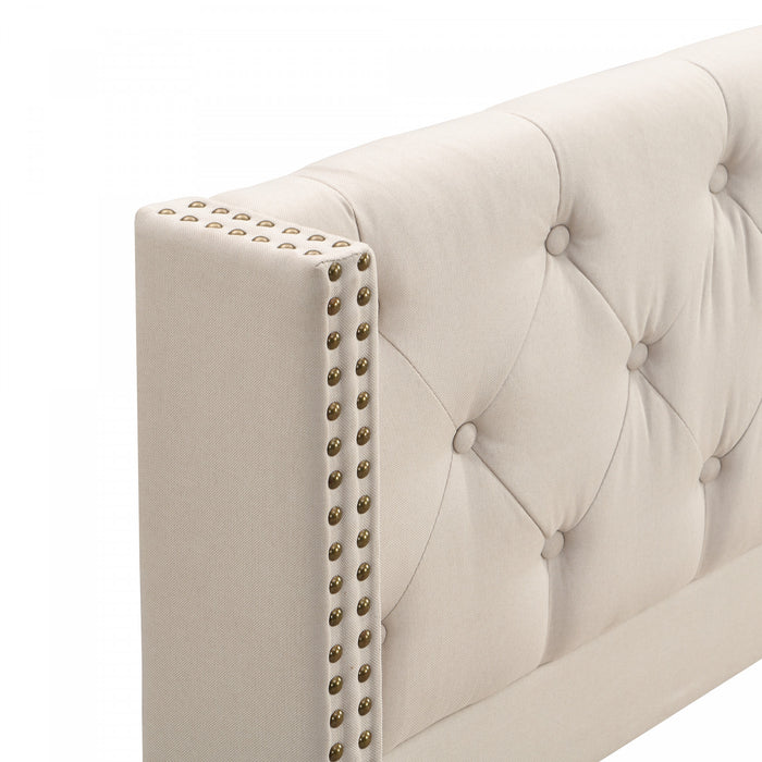 Lit plateforme en lin Haley avec tete de lit a ailes classiques et capitonnage en diamant, taille Full, beige