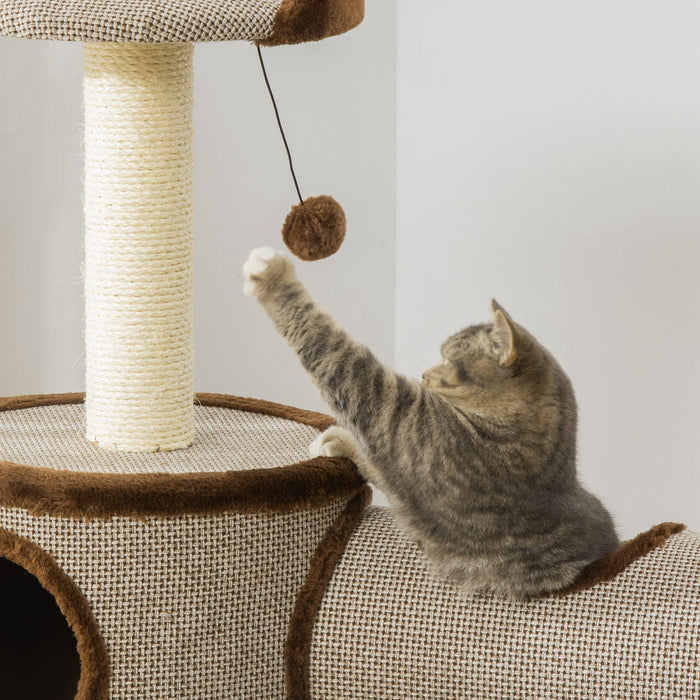 Pawhut Arbre A Chat D'interieur, Centre D'activites D'escalade, Meubles Pour Chaton Avec Maison Pour Chat, Lit, Griffoir, Jouet Suspendu, Marron
