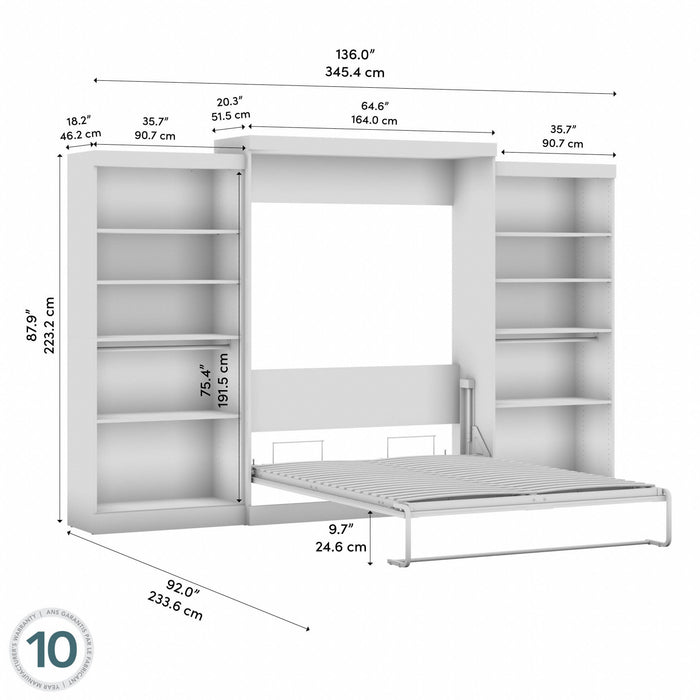 Grand lit escamotable mural Pur de Bestar de 136 po avec 2 meubles à tablettes - blanc
