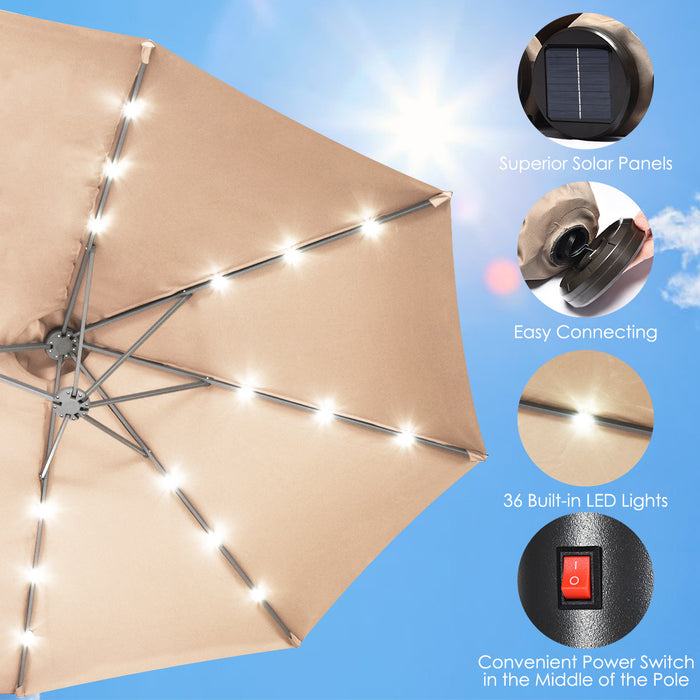 Costway Parasol de marche double-face solaire LED 15Ft Patio avec manivelle pied Beige