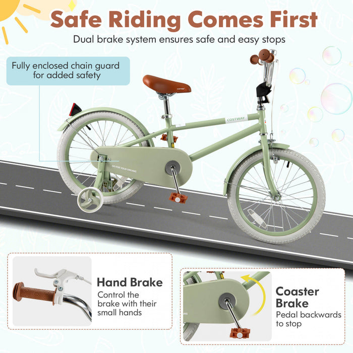 Costway 18\" Velo Pour Enfants Avec Guidon Reglable De Selle Roues D'entrainement Amovibles Frein A Main Vert