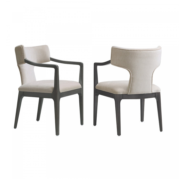 Fauteuil Eloria style moderne du milieu du siecle en bois et en chenille, coloris taupe