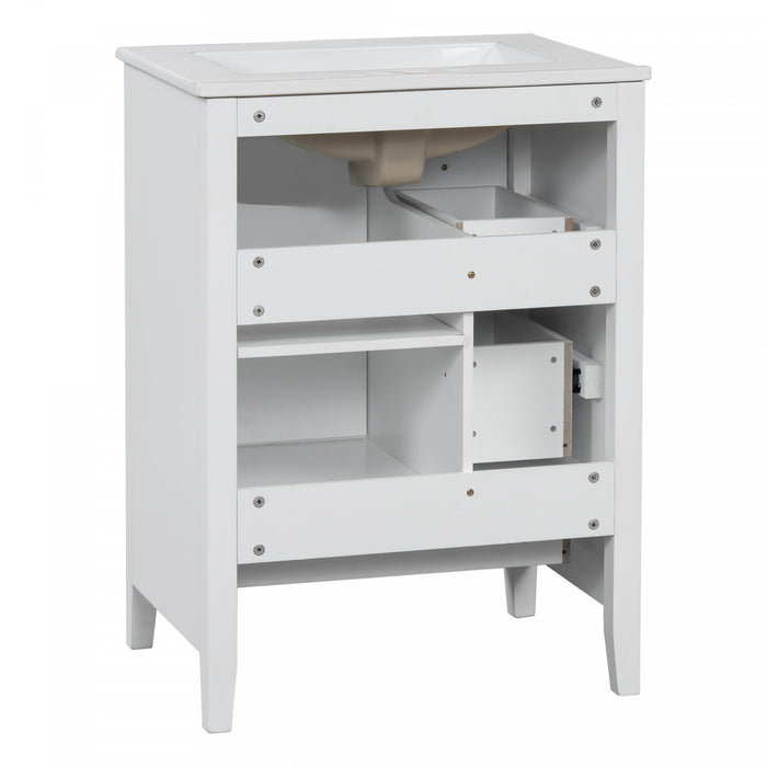 Mia Meuble-lavabo de 24\" avec vasque en ceramique et rangement a plusieurs tiroirs, Blanc