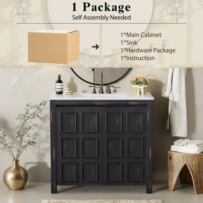 Meuble De Salle De Bain Laura 36\" En Bois Massif Avec Lavabo En Ceramique, Espresso