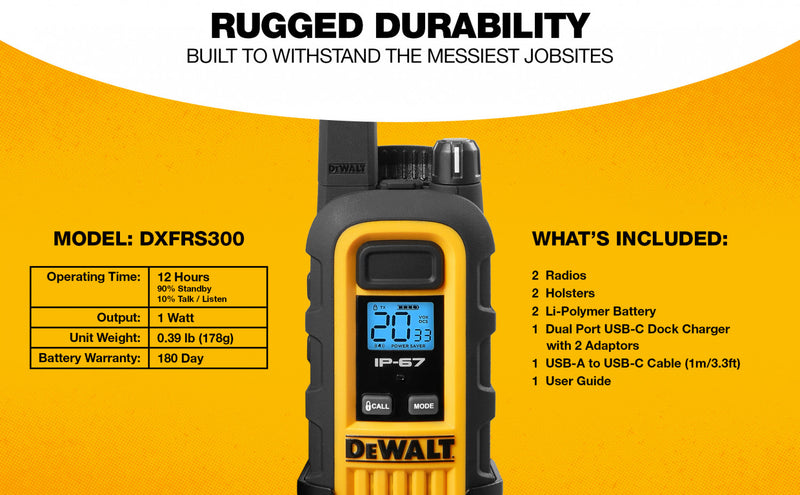 6 Talkies Walkie Dewalt Dxfrs300 Plus Ecouteurs - 1 Watt, Robuste, 22 Canaux Radios Bidirectionnelles Longue Portee