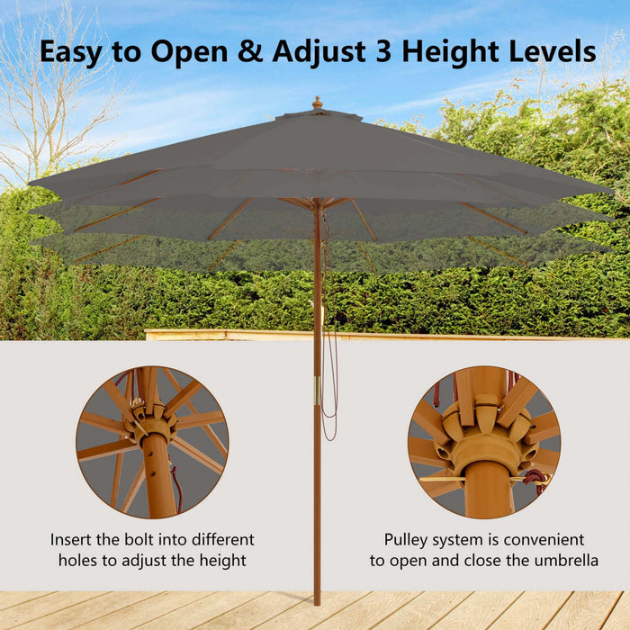 Parasol de marche en bois Costway 10 pieds avec poulie et 8 baleines en bambou, tissu d'ombrage gris