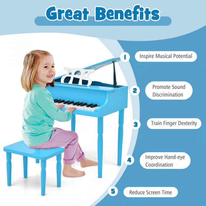 Costway Piano a Queue Classique Bebe 30 Touches, Jouet en Bois pour Bout de Chou avec Banc et Porte-Partition - Bleu