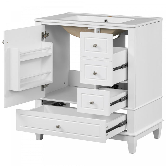 Emma Meuble-lavabo en bois massif de 30\" avec vasque en ceramique et porte a fermeture douce, Blanc