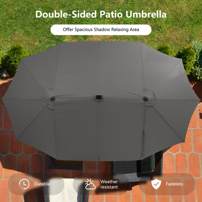 Parasol de marche Costway de 15 pieds double face, solaire LED, manivelle, 36 lumieres, base grise