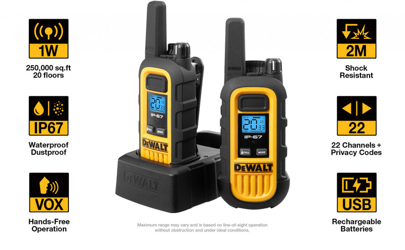 2 Dewalt Dxfrs300 Talkies Walkie Plus Earpieces - 1 Watt, Heavy Duty, 22 Channel Long Range Two Way Radios