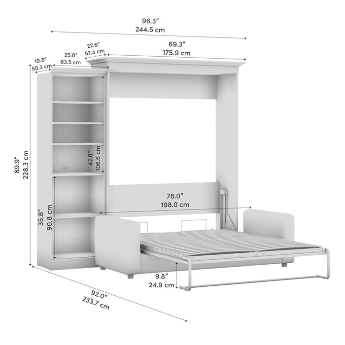 Grand lit escamotable Versatile de Bestar de 97 po (L) avec sofa et organisateur de garde-robe - blanc