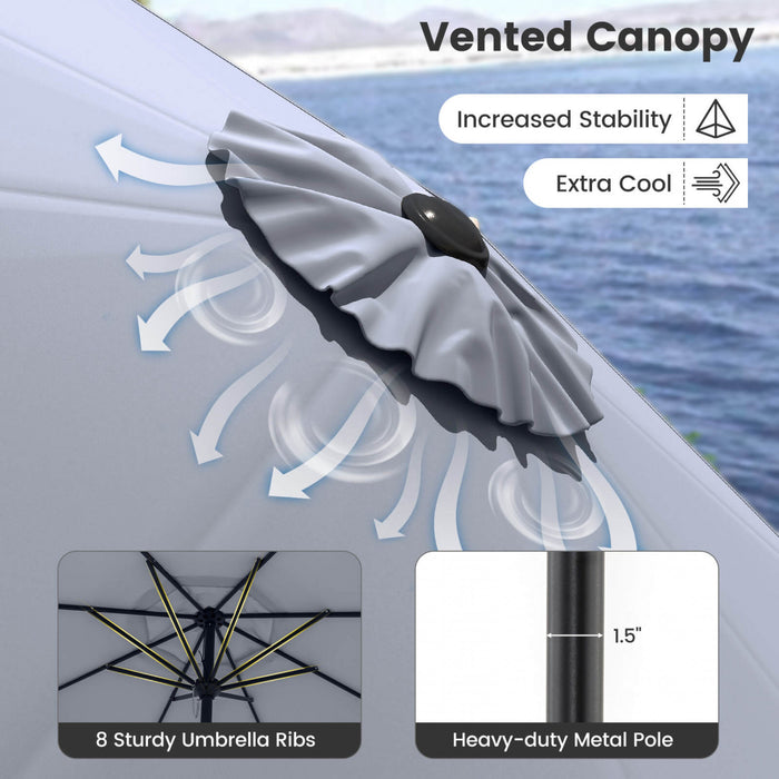 Costway Parasol de patio avec inclinaison a bouton-poussoir, manivelle, 8 nervures solides pour patio, jardin Gris