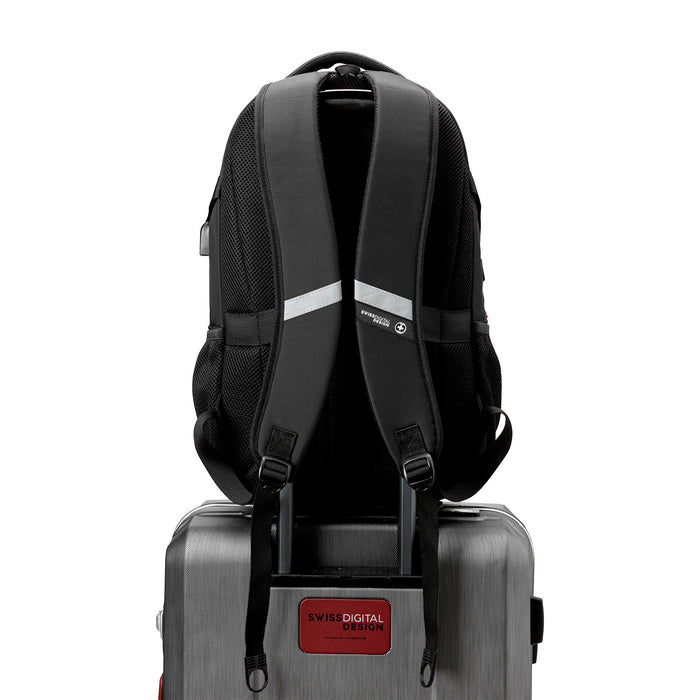 Sac a dos scolaire Swissdigital Vector – Sac pour ordinateur portable de 17\", chargement USB, detecteur SDD, protection RFID, bord reflechissant, systeme Add-A-Bag