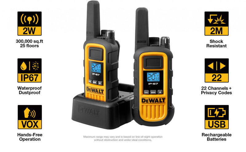 2 Talkies-walkies Dewalt Dxfrs800 - 2 Watts, Robustes, Radios Bidirectionnels Longue Portee A 22 Canaux