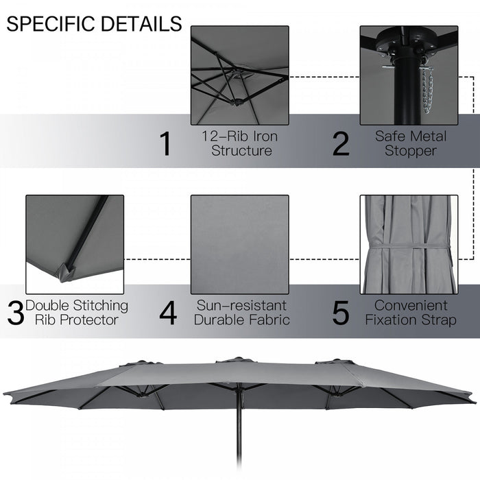 Costway Parasol double face 15FT a manivelle avec base pour marche exterieur Gris
