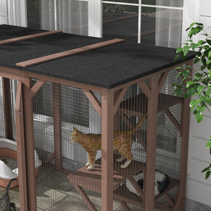 Pawhut Cage Pour Chat Maison D'exterieur En Bois Pour Chat Cage Interieure Avec Toit En Asphalte, Plateformes A Plusieurs Niveaux Et Grande Porte D'entree - 71\"l, Marron
