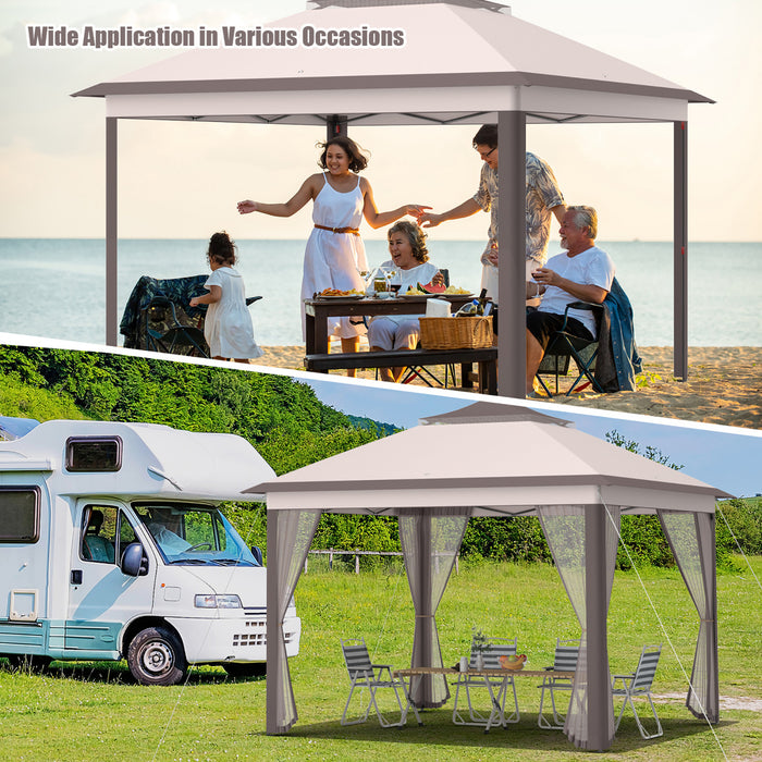 Costway 11’x11’ 2-tier Pop-up Tente Gazebo Abri A Canopy Portatif Sac De Transport Mesh Beige