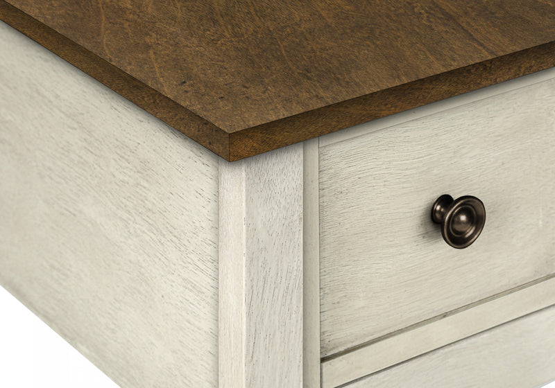 Table de bout et d’appoint étroite de style transitionnel à 2 niveaux, avec tiroir de rangement et placages blanc antique et bruns pour la chambre à coucher