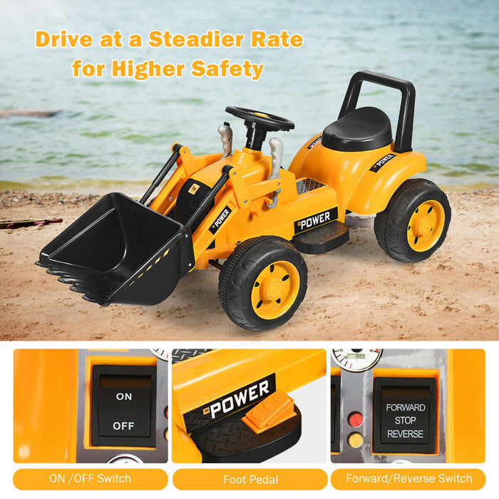 Les Enfants Montent Sur Le Tracteur A Batterie 6v De L'excavatrice W/digging Bucket Jaune