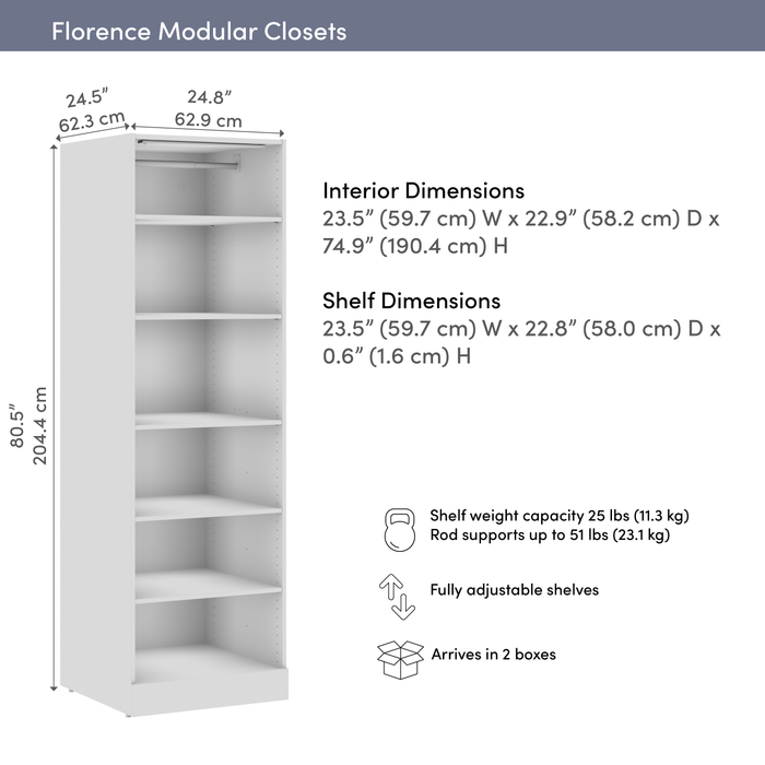 Système de garder-robe et pièce-penderie modulaire Florence de Bestar de 25 po avec éclairage à DEL et tablettes - blanc