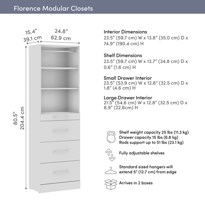 Système de garde-robe et pièce-penderie modulaire Florence de Bestar de 25 po avec rangement - blanc