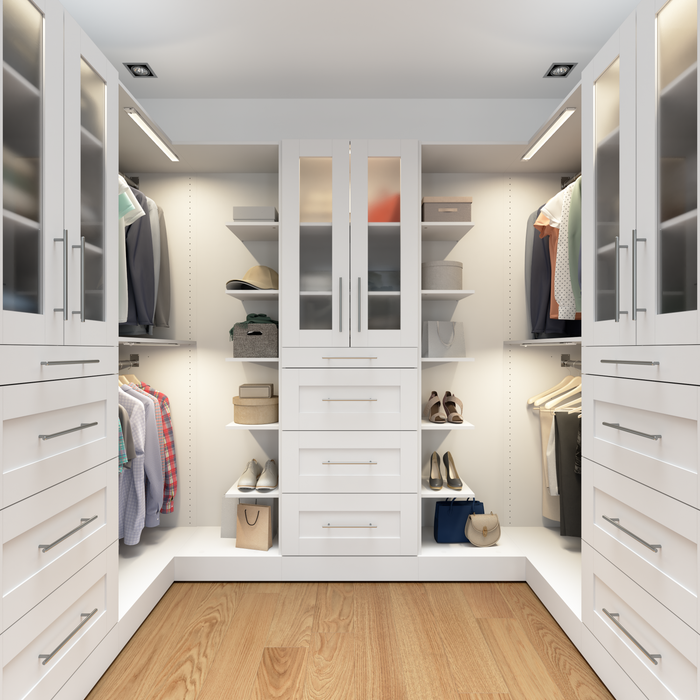 Système de pièce-penderie en forme de U modulaire Florence de Bestar de 113 po avec éclairages à DEL, tringles, tablettes, tiroirs et portes de style Shaker - blanc